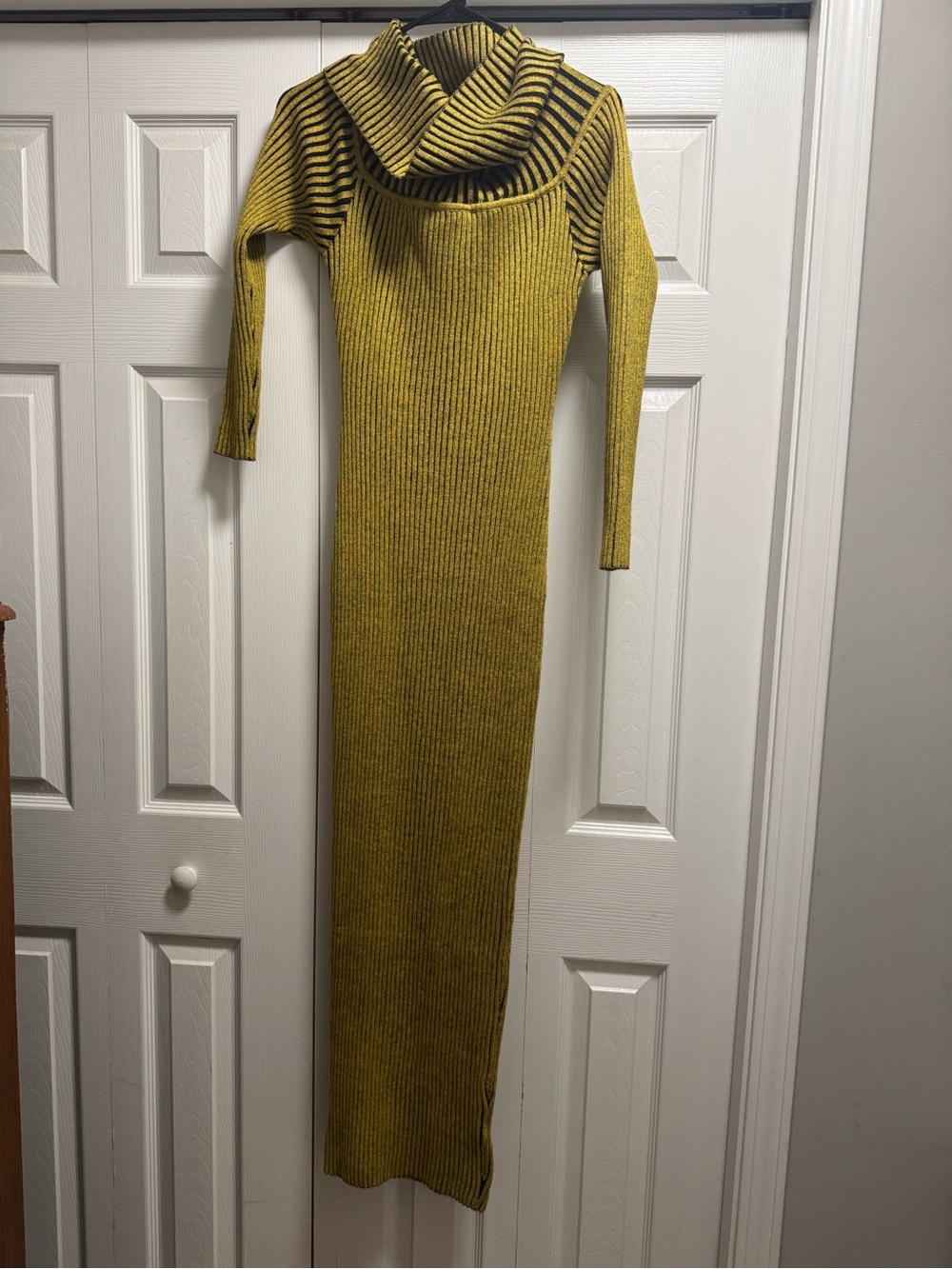 Fashion Nova Ribbed Maxi Dress in Mustard with Striped Cowl